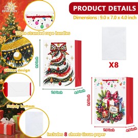 OFIHANLY 8 Pack 9" Small Size Merry Christmas Gift Bags with Handles for Xmas Holiday Presents Cute Paper Wrapping Bag with Tissue Paper for Kids