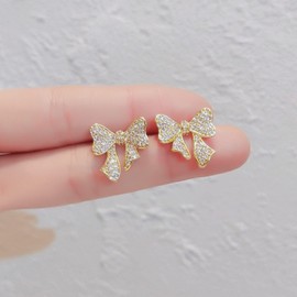 Light luxury Cubic Zirconia Bow Stud Earrings for Women, Minimalist Small and Delicate Earrings Gift for Her, Medium, Copper Cubic Zirconia, Cubic Zirconia