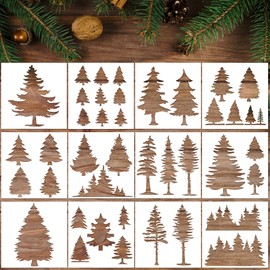 PAGOW 12pcs Pine Trees Stencils, Reusable Drawing Stencils, Art Painting Templates Stencils for Painting on Wood, Winter Christmas DIY for Wall, Floor, Decor Supplies (5.9 x 5.9 Inch)