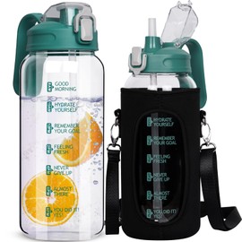 DEARRAY 64 oz Motivational Glass Water Bottle with Straw & Time Marker Half Gallon Large Reusable Water Jug BPA-free Borosilicate Drinking Bottle with Flip Top & Sleeve for Infused Water Wide Mouth