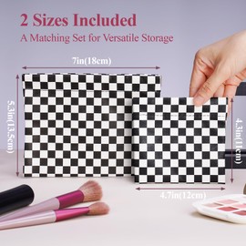 Aphlos 2PCS Large & Small Checkered Travel Cosmetic Bags, PU Leather Soft-Lined Makeup Pouches, Zipper-Free Snap Closure Toiletry Bags, Water-Resistant Organizers for Purse, Daily Use, Commute (Black)