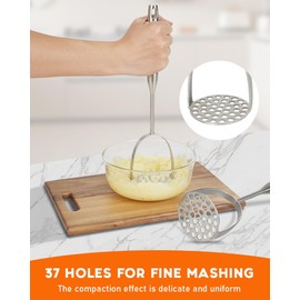 Brigii Potato Masher with Non-Slip Wooden Handle, Dual Arc for Easy, Labor-Saving Mashing, 304 Stainless Steel, Sturdy and Durable One-Piece Potato Press, Dishwasher Safe, for Potatoes and More