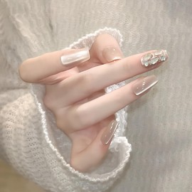 [ALLEVG]ネイルチップ 30枚入マグネットタイプ アイスクリアヌード キャットアイ × スパンコールデコ 付け爪 春夏 人気 和風 かわいい シンプル おしゃれ 成人式 入学式 卒業式 結婚式 パーティー 花嫁ネイル