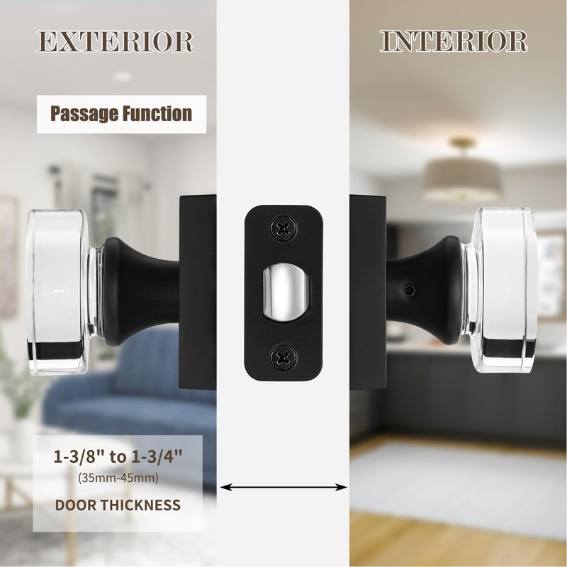 newliplace Black Passage Door Knobs Interior, Crystal Glass Door Knobs
