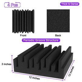 TroyStudio Thick Acoustic Foam Panels, 12 X 12 X 3 Inch 4 Pcs Broadband Sound Absorbing Foams, Dense Soundproof Padding Tile, Recording Studio Foam Absorber, Groove Decorative 3D Wall Ceiling Panel
