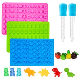 3Pcs Gummy Candy Molds for Kids - Silicone Mini Gummy Bear/Dinosaur/Fruit Snack Molds with 2Pcs Dropper,Non-stick and Bpa Free for Candy Chocolate Gummies Baking