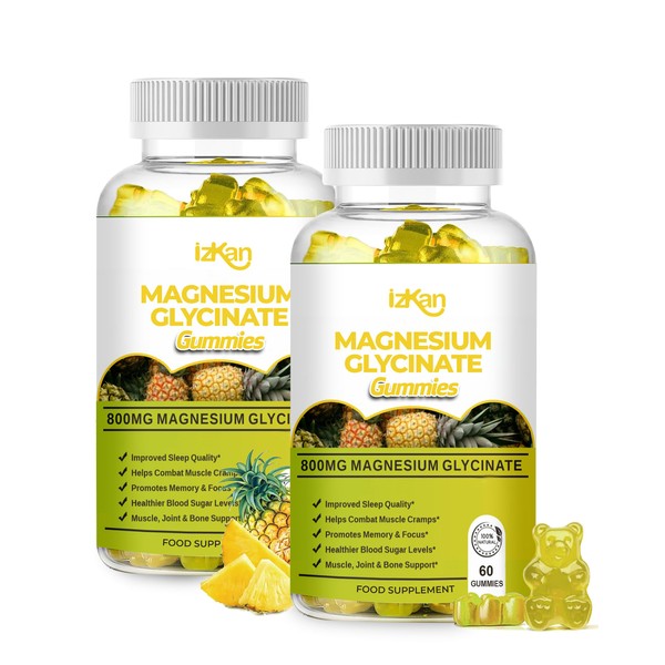 Izkan- Magnesium Glycinate Gummies 1600mg - Sugar Free Magnesium Supplement with Calcium, Potassium Vitamin D, B6 & CoQ10 for Calm Mood & Muscle, Sleep Support 60 Gummies (2X)