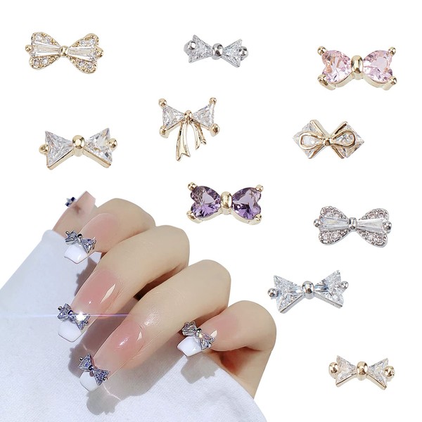 NICENEEDED Pack of 10 3D Triangle Bow Nail Charms, Alloy Sexy Bowtie Nail Rhinestones, 10 Styles Butterfly Nail Diamond Decorations Nail Accessories