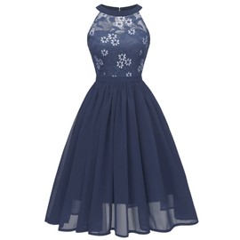 Evening Dresses Elegant for Wedding Women's Halterneck Swing Lace Chiffon Cocktail Dress, navy blue