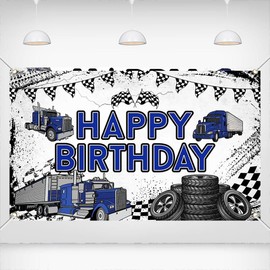 Printspree - Banner de cumpleaños con temática de camión, 70.8 x 43.3 pulgadas, decoración azul para fiesta de feliz cumpleaños, material de poliéster, diseño realista de camión