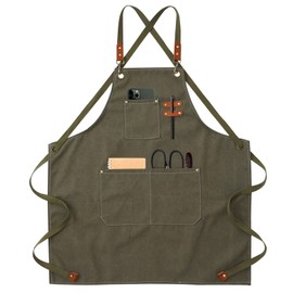 jiuzcare Kitchen Apron 68x76cm Mens Women Aprons for Cooking Cross Back Apron with 8 Pockets Adjustable Barbecue Apron Chef for BBQ Grilling Baking Gardening Barber, Grey-Green