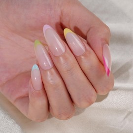 Frinail Press on Nails, 24PCS French Tip Press on Nails, Almond Medium Fake Acrylic Nails Press ons, 12 Sizes False Nails Stick on Nails for Finger Manicure, French Multicolor Almond