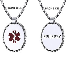 MZC Jewelry EPILEPSY Medical Alert Necklace for Men Women Stainless Steel Oval Shape Medical ID Tag identification Pendant Necklace