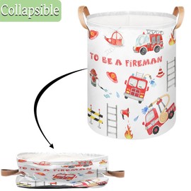 Red Fire Truck Kids Laundry Basket, Foldable Laundry Hamper Storage Bin for Kids’ Bedroom Playroom Bathroom - 16"x20.8"