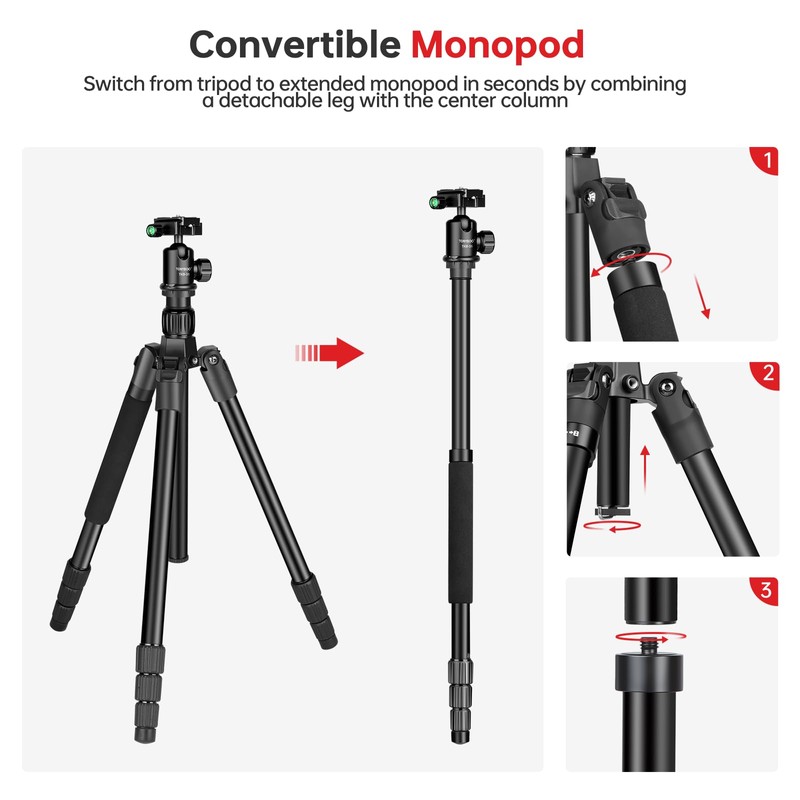 TONYBOO 61.5" Camera Tripod, Aluminum Tripod Monopod with Arca Swiss