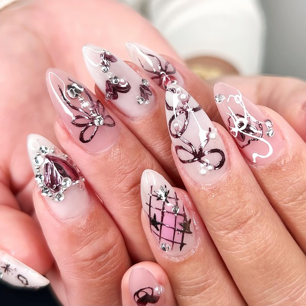 Pink Press on Nails Medium Almond Fake Nails with 3D