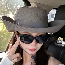 Packable Safari Sun Hat 4" Wide Birm with Detachable Facemask and Neck Flap for Men Women, Foldable Boonie Bucket Hats Adjustable Chin Strap Outdoor Beach (Light Gray)