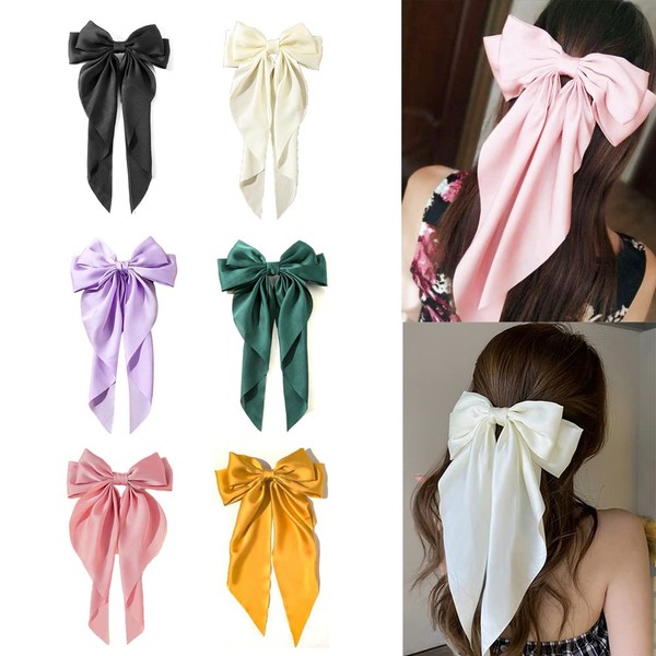 Satin Hair Bow Clips for Women Girls Hair Scarf Ribbon Bowknot Clips Long Bow Tails Hair Barrettes Silky Elegant French Clips for Thick Hair Large Big Hair Bows Clips Hairpin Accessories (6pcs)