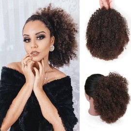 Afro Puff Drawstring Ponytail Extension for Black Women Short Afro Curly Ponytail Extension Clip On Kinky Drawstring Curly Ponytail Bun (T1B/33#)