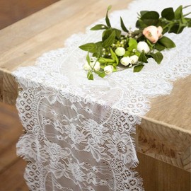 10 Pcs White Lace Table Runners 14 x 120 Inch for Wedding Bridal Shower Baby Shower Party Table Decoration, Rustic Rose Embroidered Boho Table Runner