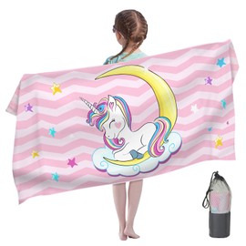 LXTOPN Unicorn Beach Towel, Microfibre Beach Towel for Girls, 80 x 160 cm, Children's Bath Towel, Swimming Shower Towel, Quick Drying, with Buttons and Elastic Band