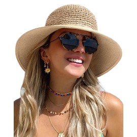 FURTALK Beach Hats for Women Summer Straw Sun Hat Wide Brim Crochet Hats Khaki