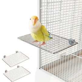 2 Pack Stainless Steel Bird Perch Chew-Resistant Flat Parrot Platform Shelf Stand Grip Shelves for Cage Easy to Clean Cage Accessories for Small to Medium Birds Cockatiel,Conure,Budgie,Quaker