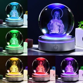 Movdyka 3D Crystal Ball Jesus Statue Christian Gift for Women & Men - Laser Engraved Sacred Heart of Jesus Figurine with Night Light Base