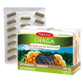 TEREZIA Chaga Premium Capsules - With Reishi Mushrooms (100 mg), Sea Buckthorn, Vitamin E & Chaga Mushroom (150 mg) - 330 mg, 100% Natural & Additive Free - EU Made - Pack of 60 for Immune System &