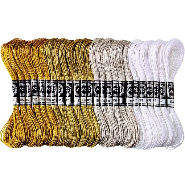 WILLBOND 24 Skeins Metallic Embroidery Threads Glitter Embroidery Floss Embroidery Floss-Cross Stitch Thread Gold and Silver Polyester Thread Friendship Bracelets Thread for Embroidery Thread Crafts