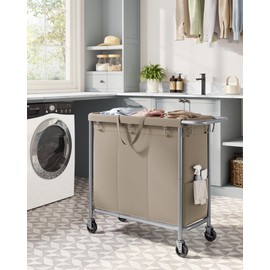 SONGMICS Laundry Basket with Wheels, 3-Section Rolling Laundry Hamper, 52.8 Gallons (200 L), Removable Liner, Steel Frame with Handle, 35.8 x 15.4 x 31.9 Inches, Camel Brown URLS005N01