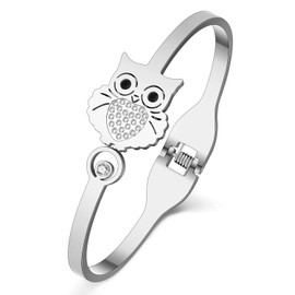 OUSIO Stainless Steel 18K Gold Plated Rhinestone Cute Owl Cuff Bangle Bird Animals Bracelet Jewelry For Women Charm Birthday Christmas Spring Summer Accessories Gifts (Silver Plated)