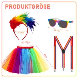 Stars Align Women's Rainbow Costume, Rainbow Skirt, Rainbow Headband with Colourful Braces, Glasses, Tulle Skirt, Women's Fancy Dress Costume, Women's Colourful Feathers, for Carnival and Theme Party