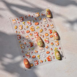 Fall Nail Stickers Squirrel Nail Art Stickers Maple Leaf Nail Decals 5D Self Adhesive with Design Autumn Pumpkin Nails Art Decals Cute Nails Decoration for Women Girls Kid Manicure Charms Accessories