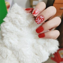 YONAIL 24pcs/set Christmas Red False Nails with Glue Xmas False Nails with Short Design Acrylic Smowflake Fake Nails Tips Full Cover Press On Nails for Women and Girls