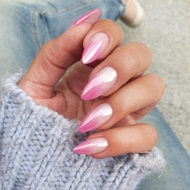 Chrome French False Nails Almond, SXVME Chrome Pink Press On Nails Medium, Gradient Pink Glazed Gel Fake Nails Press on, Cute Glitter Acrylic Nails Medium Stiletto, Stick on Nails for Women Daily Wear