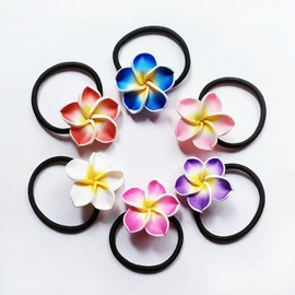 6pcs Plumeria Hair Ties Hawaiian Flower Hair Ties,Soft Hair Ring Flower Hair Rope Black Rubber Band Flower Hair Bands for Women and Girls