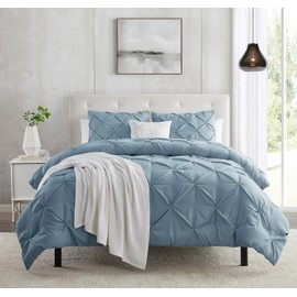 Stone Blue King Size Duvet Cover Set - 3 Piece Pintuck Double Brushed With Button Closure, 1 Pinch Pleated Cover 104x90 Inches and 2 Pillow Shams