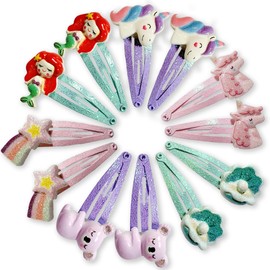 NICECONE 12 Pcs Girls Unicorn, Mermaid Hair Clips, Snap Clips with Cute Flower Pattern Barrettes Hair Pins Sparkly Hair Accessories for Toddler Little Girl Birthday Party Gifts (Style2)