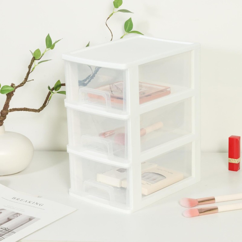 Gonice Small 3 Drawer Storage Organizer, White Plastic Drawer Storage,