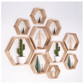 WONFUlity Hexagon Floating Shelves Honeycomb Shelves Wall Mounted Wood Farmhouse Storage Wall Shelf for Bathroom, Kitchen, Bedroom, Living Room,Driftwood Finish Wall Decor,Light Brwon