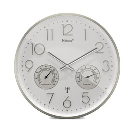 Mebus Radio Controlled Wall Clock with Thermometer and Hygrometer, Silent, Silver Frame, White, Model 12989 - Precision and Comfort