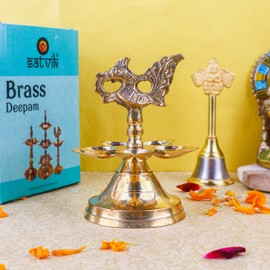 SATVIK 1 Pc Brass Panchmukhi Peacock Kerala Samai Puja Diya Kutthu Vilakku Oil Lamp Pooja 1 Step Diya Engraved Design Deepak Indian Diwali Pooja Home Mandir Office Decor Housewarming Return Gift Items