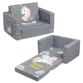 ALIMORDEN 2-in-1 Flip Out Comfy Toddler Couch, Lovely Kids Chair Convertible Sofa to Lounger for Story/Nap Time, Grey Unicorn
