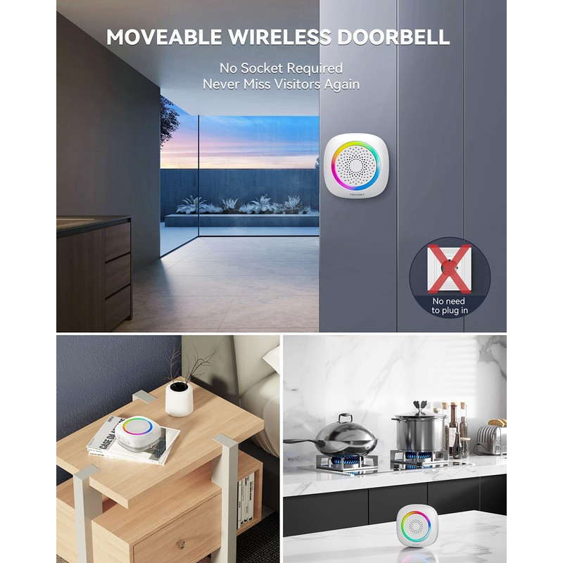 TECKNET Wireless Doorbell, 2 Transmitters 2 Receivers Door Bell Battery