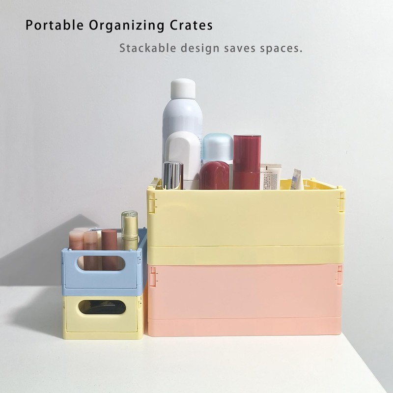 Plastic Storage Crate Folding Desk Organizer Basket Set of 4,