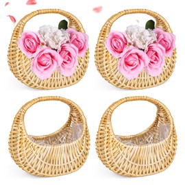 4 Pack Small Flower Girl Basket Rattan Half Moon Wicker Basket Small Wicker Woven Baskets with Handle & Waterproof Lining for Wedding Flower Girl, Picnic, Garden Storage and Home Decor