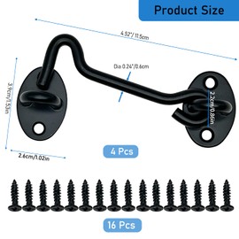 CUKAYO 4 Pack 4" Hook and Eye Gate Latch, Stainless Steel Rust-Resistant Barn Door Lock Cabin Hooks for Gate Shutters Window Slide Barn Shed Cabinet Bathroom, with 16pcs Screw,Black