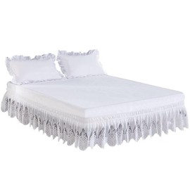 Flower Lace Tulle Elastic Bed Skirt Princess Ruffle Wrap Around Bed Wrap Easy Fit Dust Four Seasons White Queen