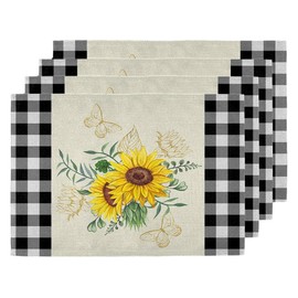 TULIMET Placemats Set of 4 Black Buffalo Plaid Sunflower Summer Placemats Heat Resistant Non-Slip Dining Placemats Washable Table Mats for Home Kitchen